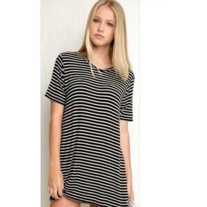 Brandy Melville Striped Mini Shirt Dress Gray Short Sleeve Cozy Baby Doll Preppy
